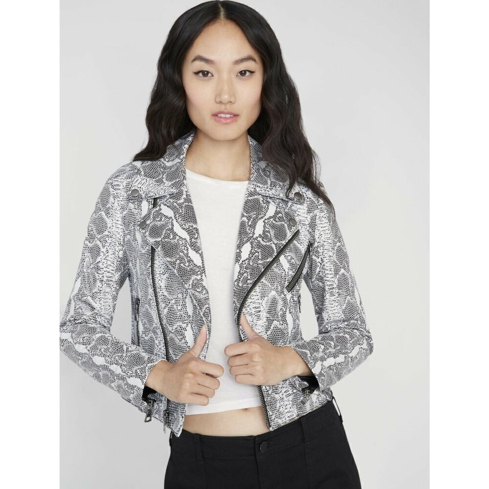 Alice+Olivia Lambleather Snake Print Moto Jacket Size Small Cropped Black White